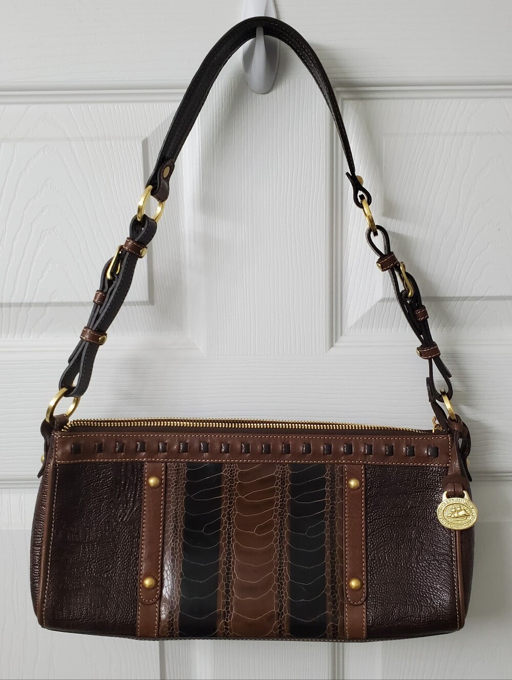 Brahmin Vintage Brown Leather Shoulder Hand Bag with Croc-Style Paneling